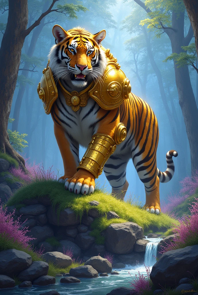 ((digital painting art)).
((Huang Guangjian concept artstyle)).
((Tiger wear fully golden armor)).
((close-up Tiger view))
((Tiger on short grass-rocks hill))
((ultra detailed)).
((very accurate)):
"welcome to beyond imaginations of enchanting forest with Legendary Tiger wear super imaginative golden armor standing on short hill of grass filled with amazing blue-purple-violet magical plants, magnificent ground-rocks and small river."
(background: foggy blue sky morning fantasy forest).