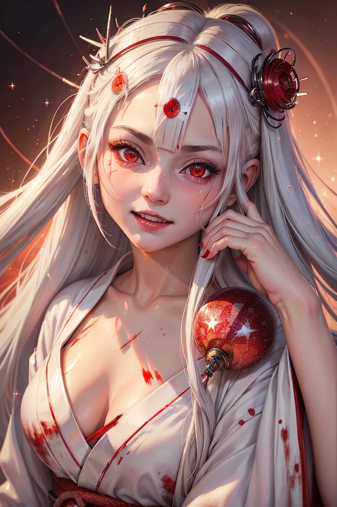 A masterpiece of the highest quality, 1 girl, One, White hair, japanese clothing, kimono, long hair, I look at the viewer, ((Red eyes)), smile, sparkling eyes, ((hands on your own face)), blood on the face, ((blood swirl)), (yandere:1.4), (sparkling eyes:1.4), Crazy eyes