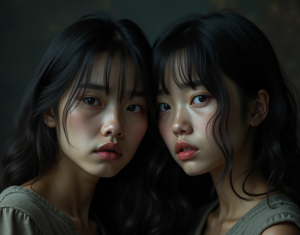 Identical twin sisters photos. Textured Leather. Two people who love each other、Worried expression on face. Long Curly Hair. Light Skin. Small eyes, Asian-style haircut. Square face. Wide jaw. Fuller lips. Mysterious atmosphere. Dark Background.