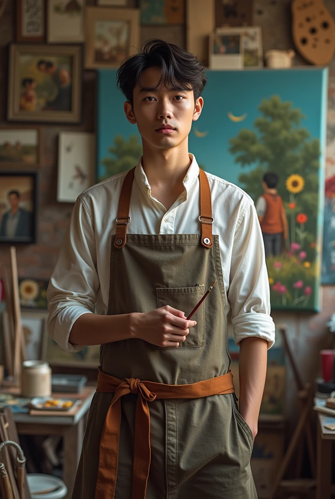 A photo of a 20-year-old artist with a realistic style. With a painter's ghembriuleHe is standing frontally in his disorganized studio, which has unfinished works of art. He is holding a paintbrush in his hand. The background contains his artworks and various art supplies. The lighting is soft.