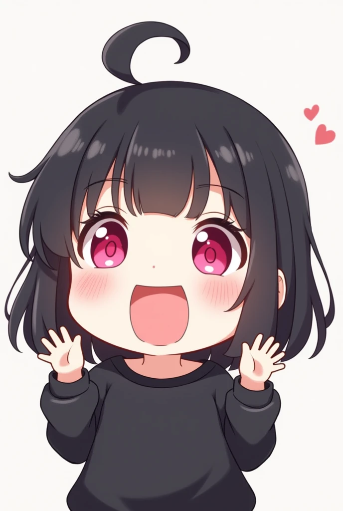 cute character with medium black hair and bangs, white skin and black sweatshirt and pink eyes, chibi style, laughing exaggeratedly