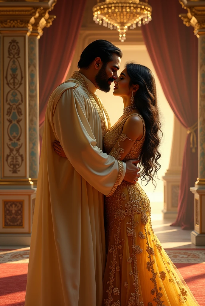 Create an image of an indian girl whose 1 called Saranya wearing gold gown whose cuddling Mohammed bin Salman whose fat, the prince of Saudi Arabia. In the palace.They both in love