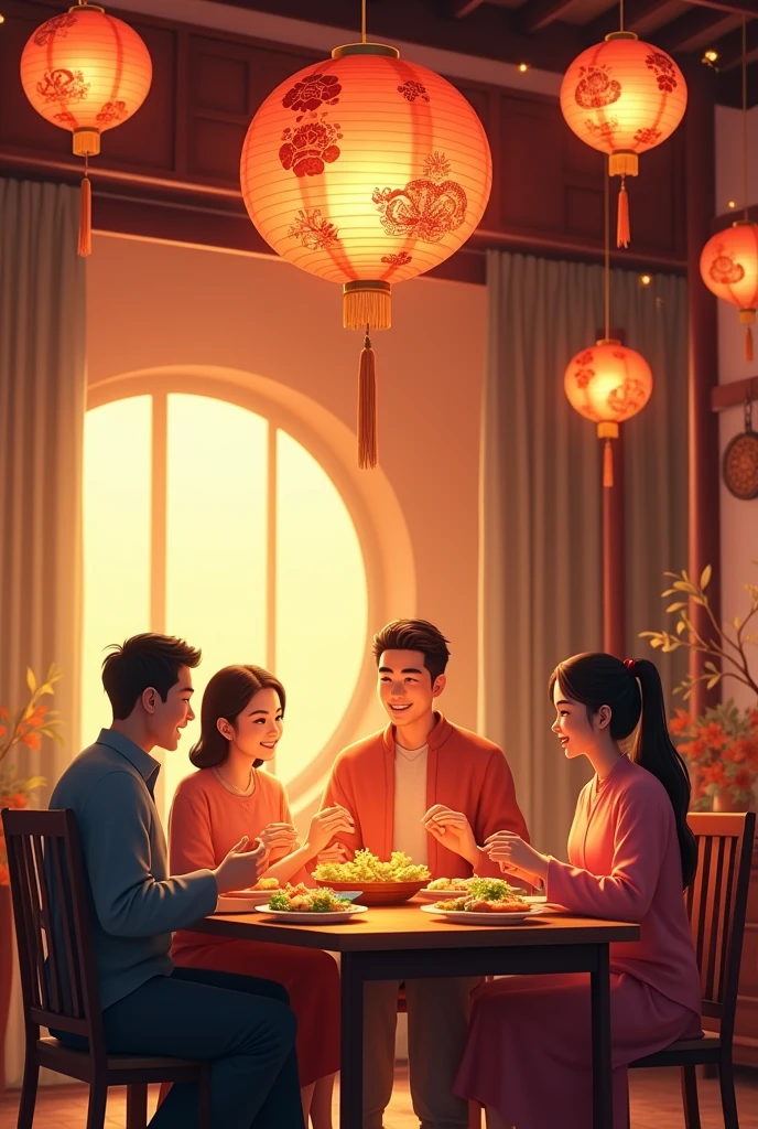 Mid-Autumn Festival. Three generations of family sitting around the table eating dinner together. There are mid-autumn lanterns hanging high around.. Add husband and grandmother too
