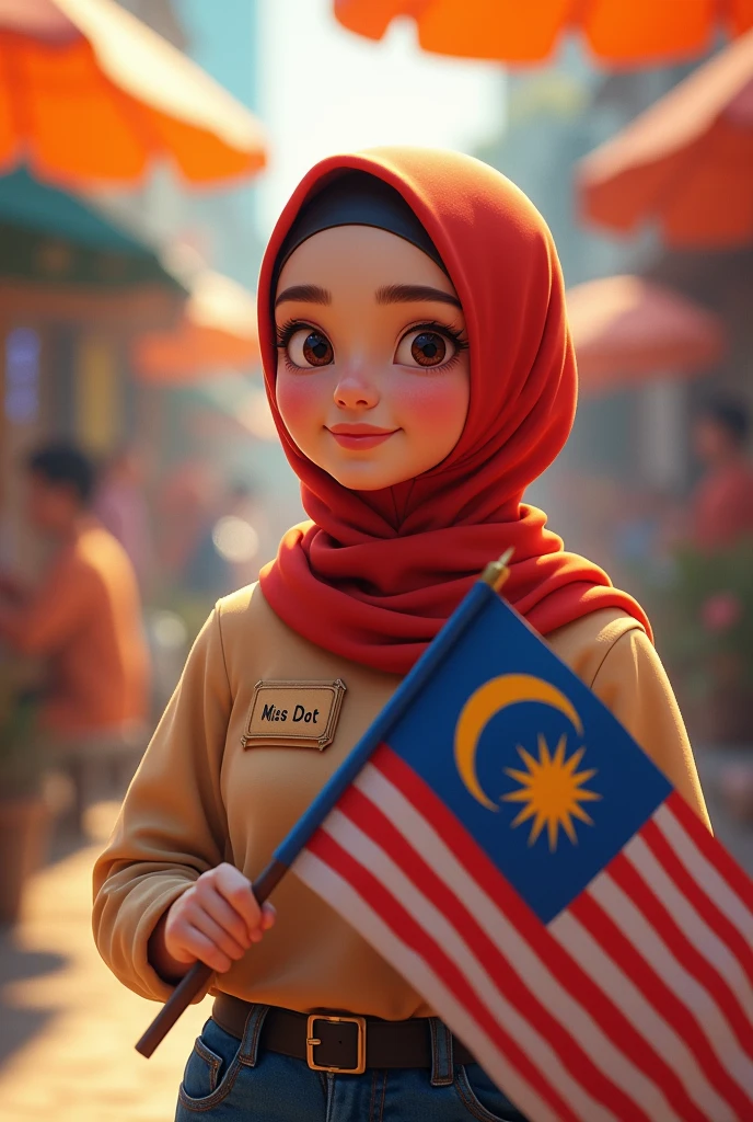 Cute hijab girl with nametag Miss Dot holding Malaysian Flag