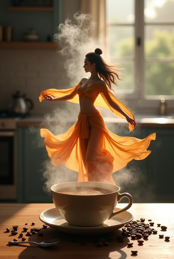 One hand holds a clear coffee cup. with coffee beans and spoons scattered on the floor The steam rising from the hot coffee transforms artfully into the shape of a woman dressed in traditional Thai clothing who appears to be dancing. Behind it, you could see what looked like a kitchen counter.