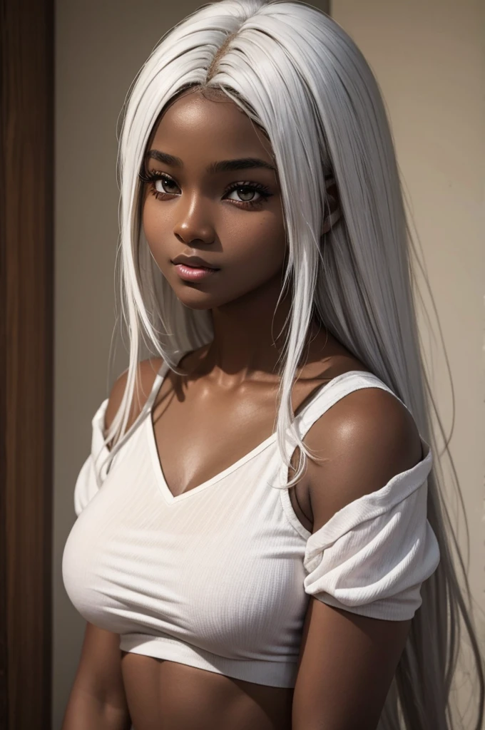 young black woman, medium breasts, long silver hair, sitting on a castle bed, green eyes, wet black skin, only underwear, ultra realism, 8k resolution