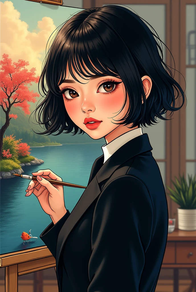 1 girl, painting, Handsome and beautiful, Single, lip, Random color manhwa, Looking at the scenes, short hair, black cute expression, suit，Black hair