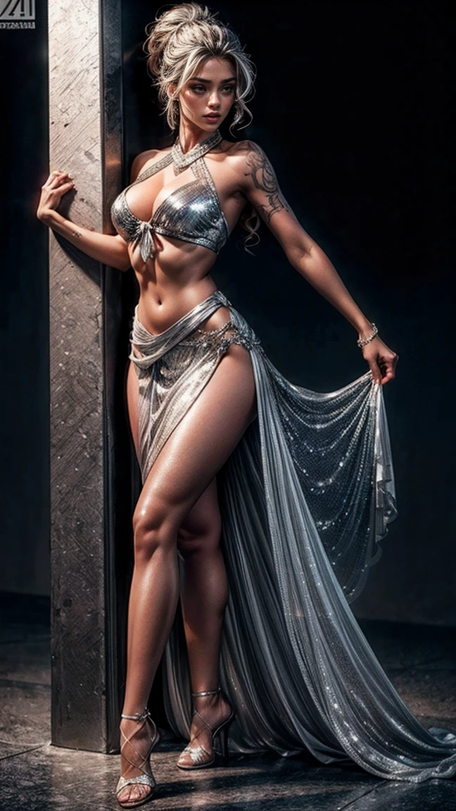sexy tan body,sexy tattoos,sexy long curly hair ponytail,neckband,in sexy tight side slit knot silver sequined see through long skirt, silver sequined fringed strapless cleavage stomach showing top, and sexy heel leg,sexy seducing standing poses full body view,in the dark photoshoot,high quality hd,4k