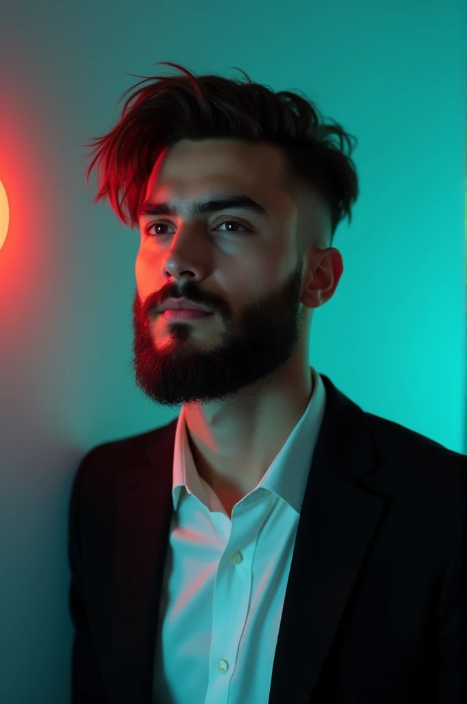 A young man with A white ball sinks into the head and a confident shaite
And neem beard
He is dressed in a black blazer over a white shigt.
The man is positioned against aqua colour backto
with a subtle red lighting on the left side.
and he posing for Linkedln profile