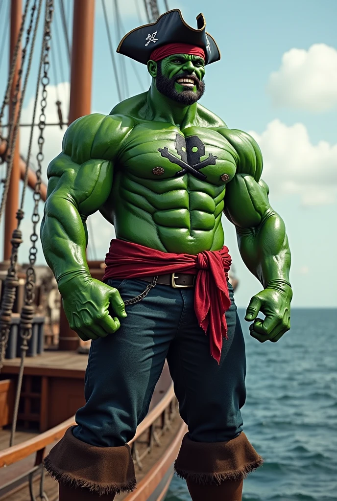 full body hulk pirate costume, standing on the boat