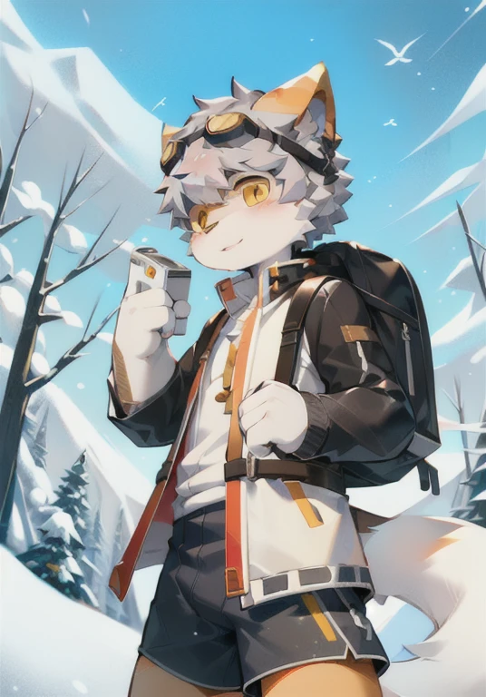 Snow mountain background,down jacket,White male cat,boy,cute,Q version,Goggles,Big furry tail,Hairy pads,Mountaineering,Golden Eyes,Silver hair,Detailed background,Mountaineering镐,Backpack