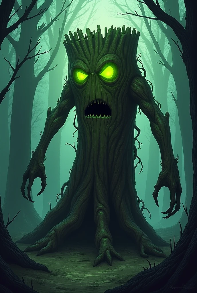 living evil stump, poisonous glowing eyes, animation drawing, scary, green tree stump, wooden legs, mouth