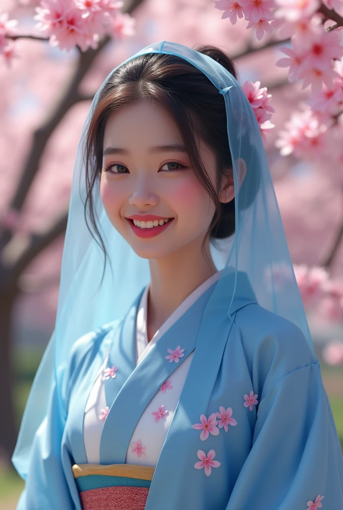 hyper realistic. full body of a beautiful 20 year old Indonesian woman, smiling sweetly wearing a blue kimono with a cherry blossom pattern. with blue veil.. wearing a typical blue Japanese umbrella. standing under the cherry blossom tree. cherry blossoms falling down. cursing the geta of typical Japanese wooden sandals. skin texture. full hd