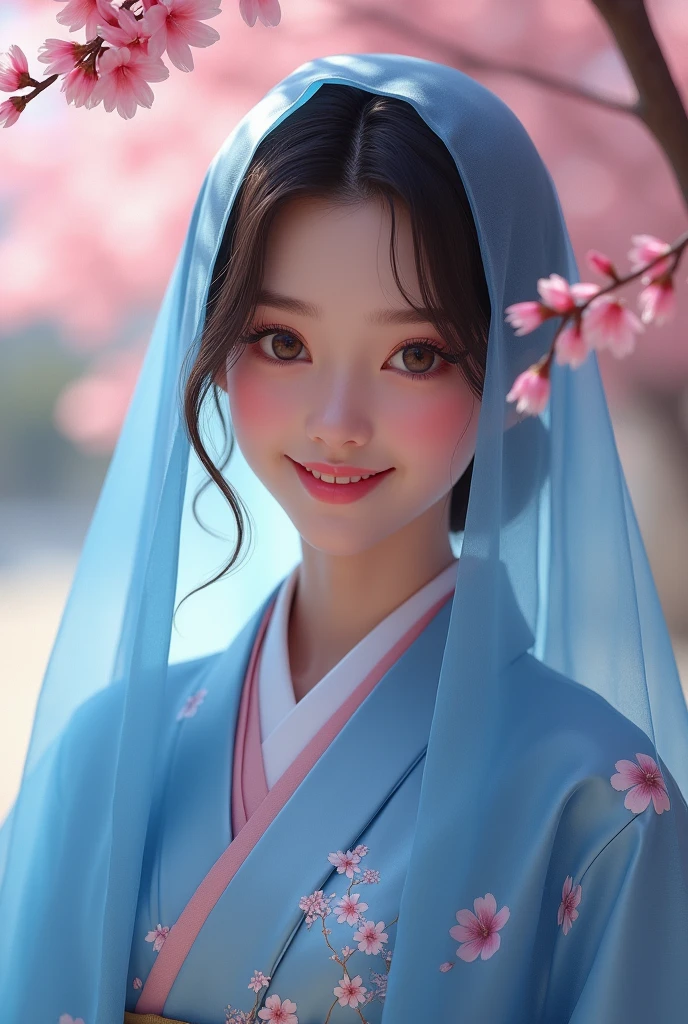 hyper realistic. full body of a beautiful 20 year old Indonesian woman, smiling sweetly wearing a blue kimono with a cherry blossom pattern. with blue veil.. wearing a typical blue Japanese umbrella. standing under the cherry blossom tree. cherry blossoms falling down. cursing the geta of typical Japanese wooden sandals. skin texture. full hd