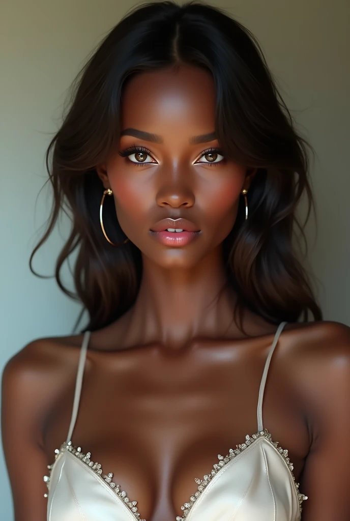 Oval shaped face, dark brown skin color woman, spink hair, light pink eyes, long eyelashes, small nose, narrow chin, full pink lips, front view, wearing white mini dress