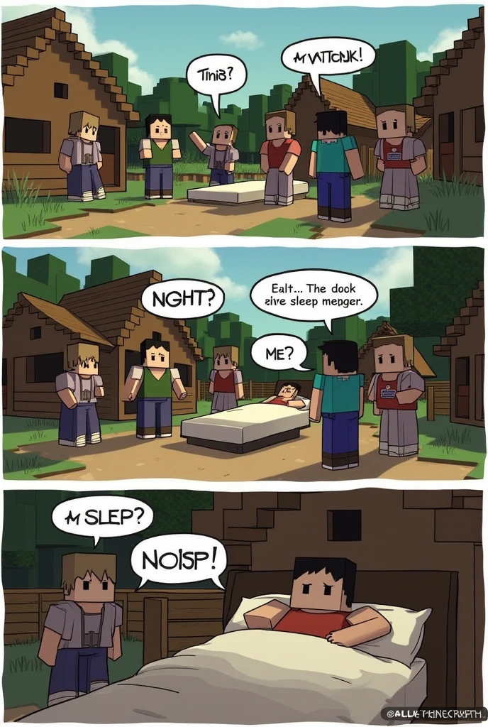 Make a Minecraft comic strip where the villagers are scared that the protagonist is sleeping in their bed