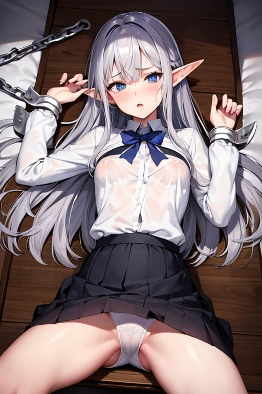 Elf, Silver Hair, In the torture chamber, Lying on an iron bed and crucified, school uniform, skirt, White Shirt, Open your mouth, Raise your hands, Crying face, Small breasts, A large iron collar with spikes and handcuffs, Spread your legs, I wear clothes