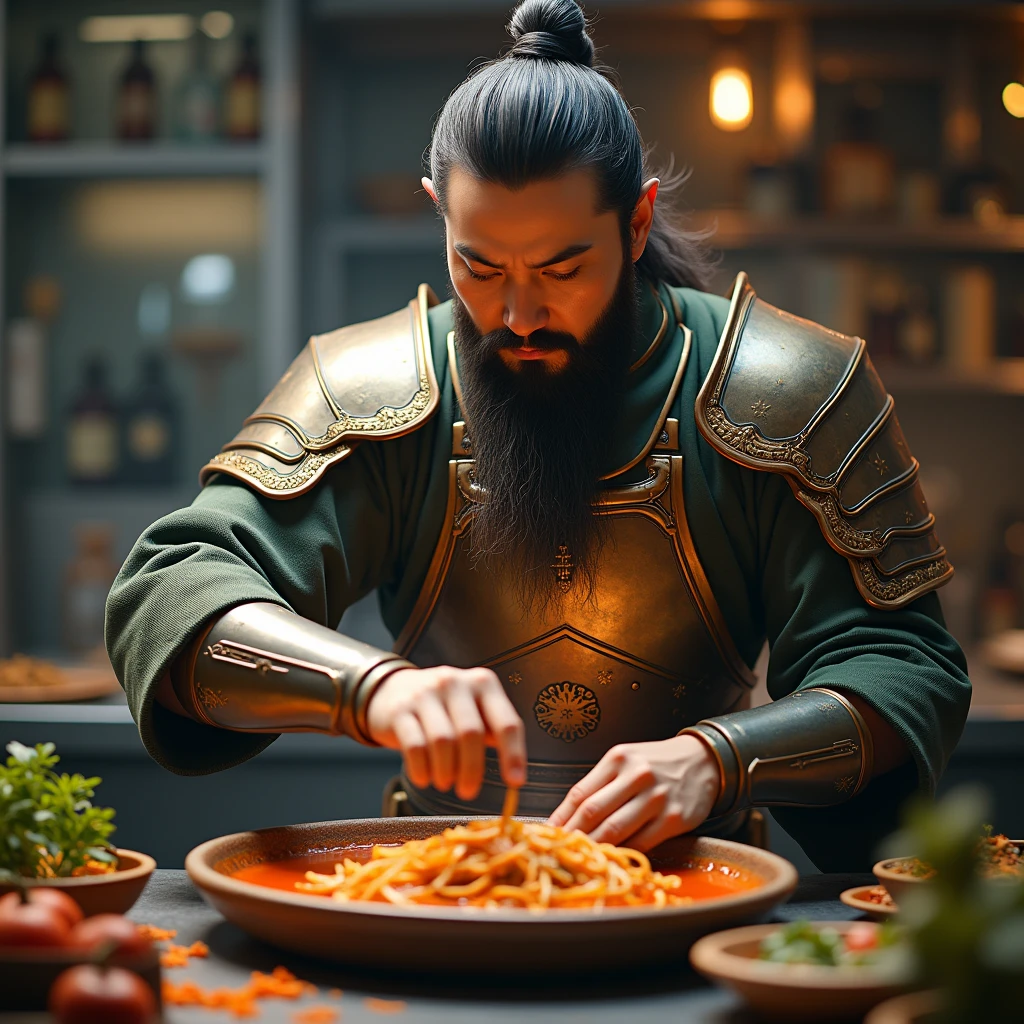 A man in armor、Chinese man with beard，In a professional kitchen，His face is focused and passionate，Making a dish，The air is filled with the aroma of herbs and spices
