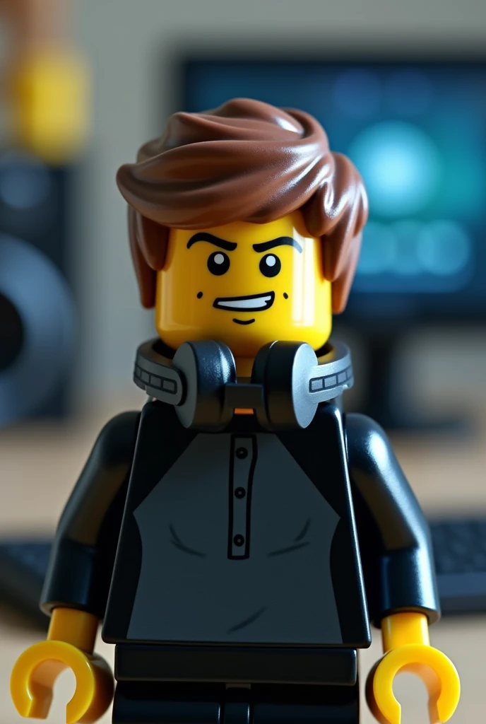 Make a lego of a handsome boy gaming put some headset in his neck and long-sleeved standing straight facing forward put some bangs on it and a little mole in the mouth below lips right side whole body