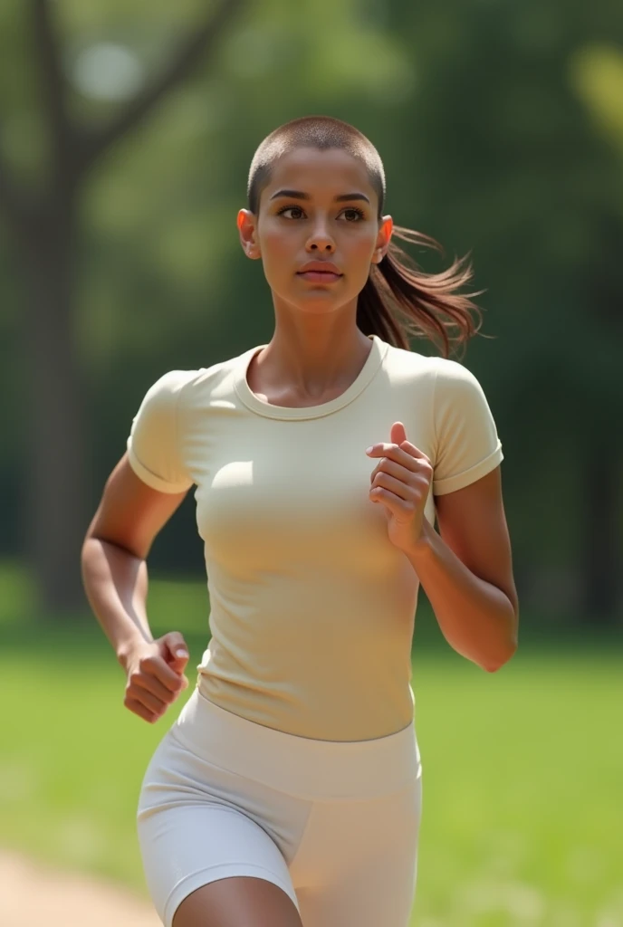 (photorealism:1.2), young latina woman whose face Is a merge of Aubrey plaza And Megan Fox And Mila Kunis And the average mexican woman face features, except her face has oval shape has small narrow forehead, low hairline, downturned eyes, straight eyebrows And straight wide nose, small mouth, of Curvy silhouette, brown skin, her hair Is dark chocolate in a buzz cut hairstyle, wearing a cream fitted tshirt And white compression shorts, running at the park, lawn And trees all around