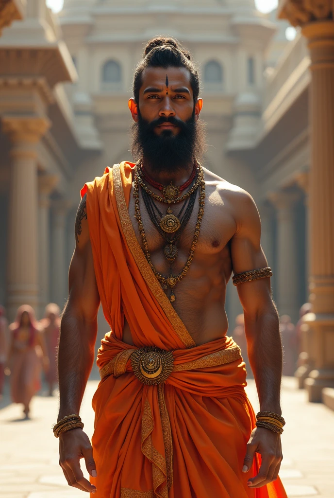 Here's the updated prompt:
"A majestic figure resembling Shri Maharaja, standing near a grand palace. He is a Brahmin with a perfect, fit body—strong and well-proportioned, yet without a six-pack. He wears a traditional lungi styled like a Maharaja, with a dhoti draped elegantly around his waist. His upper body is bare, adorned with sacred symbols, dhandhyam markings, and a Brahmin thread (yajnopavita) draped across his chest. His face is calm and serene, exuding a captivating and charming presence that draws admiration. His appearance and posture evoke the divine grace and aura of Lord Shri Ram." Has a beautiful smile like this 😊.has a very nice trimmed beard