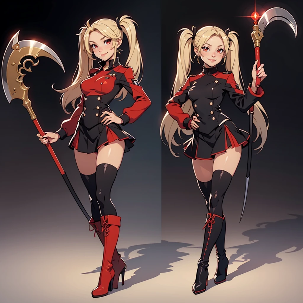 Very detailed, smiling facial expression, figure, full body view, small breasts, blonde hair with twintails, red eyes, looking at viewer, black uniform, skirt, black boots, holding scythe, sexy pose.