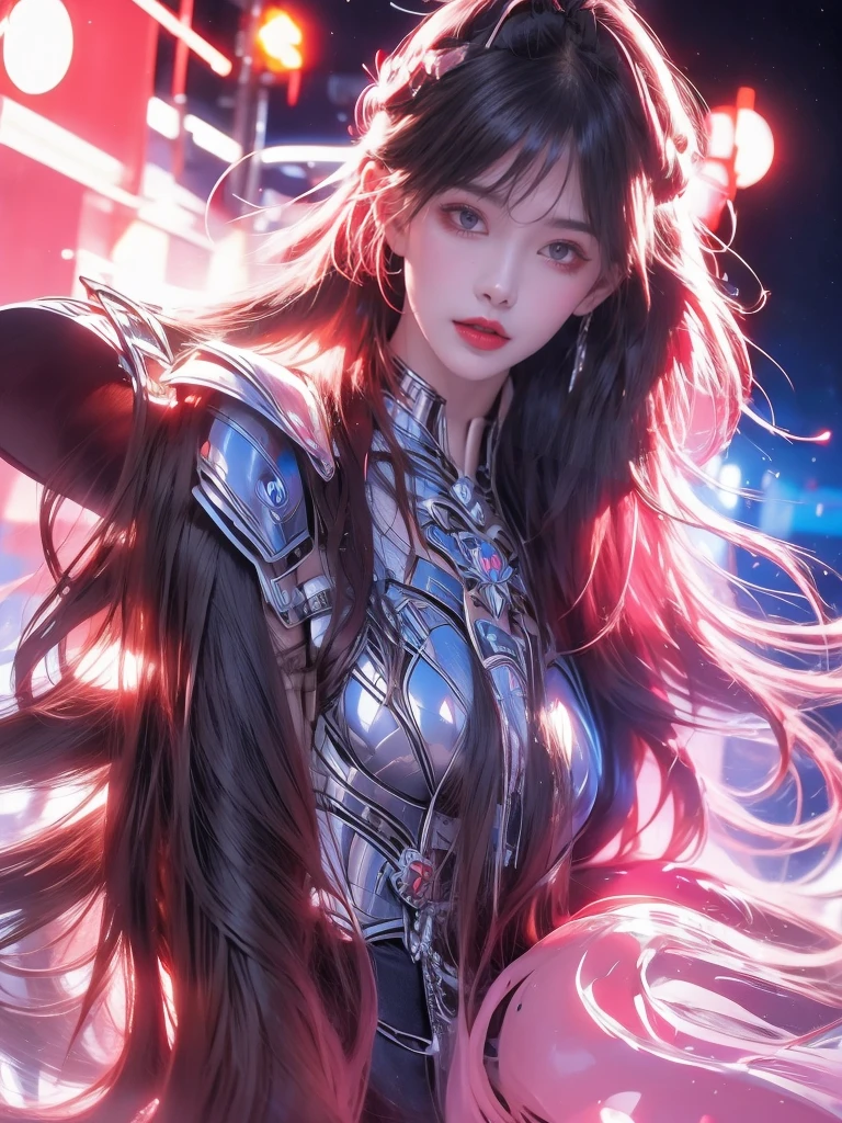 In reality, high resolution, 1 woman, glowing skin, alone, like a jewel, Reddish pink lips, long white hair, eblue eyes, Shut up, Hip hop, Fantasy Armor, holding a knife, wearing heavy armor, battle