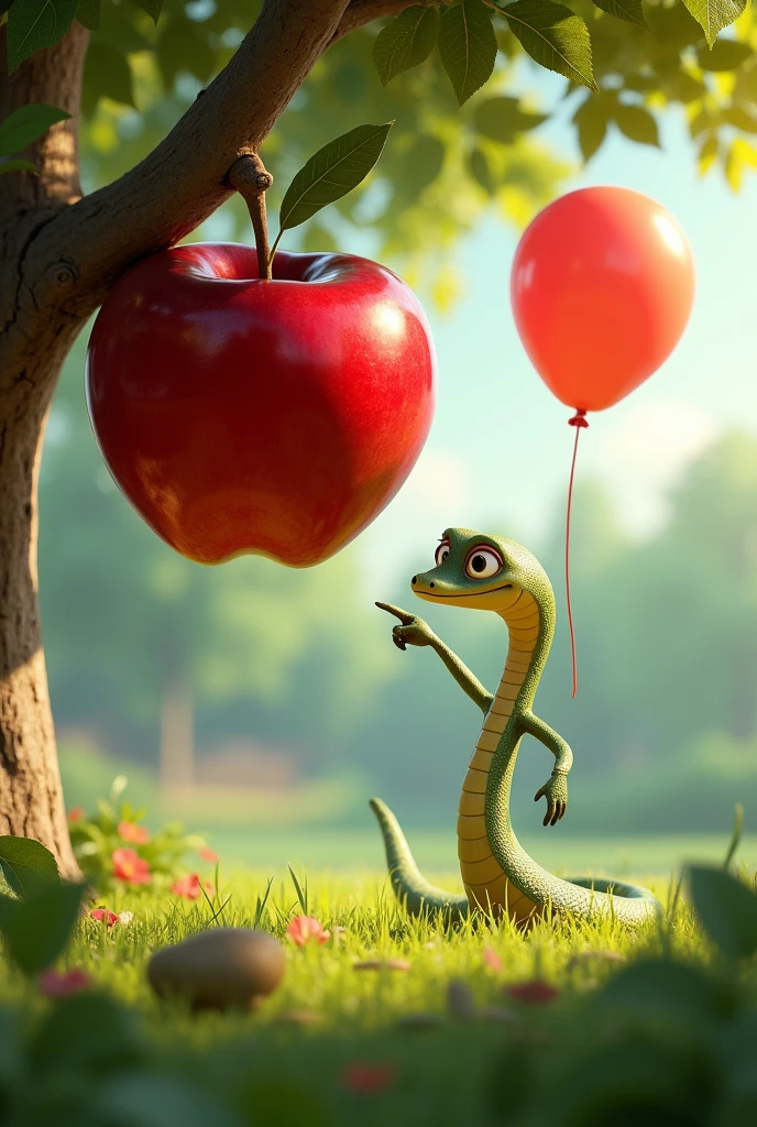 (photorealism:1.2), Dora the snake is now pointing to a large, shiny red apple hanging from a tree branch. The apple is so glossy that it reflects the sunlight. Beside her is a floating balloon, round and bright, in various colors, gently swaying in the breeze.