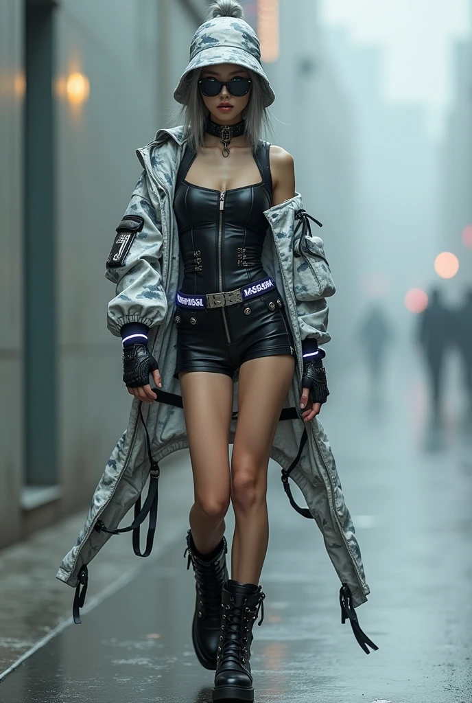 (nsfw), masterpiece, Best Quality, Realistic, Create an image of a beautiful young Japanese woman embodying futuristic fashion art. The scene should have the highest quality and realism, featuring an Instagram model named April. She should be shown in a full-body, wide-angle shot, sitting confidently with a full body in the frame. She has an ultra-slim waist, medium firm breasts, a medium-sized buttocks, and beautiful sexy legs, showcasing sculptural beauty. Her skin is white and silky, with a thin neck and small head. April is dressed in a striking white and black military print bodysuit paired with a sleek black leather belt with a futuristic metallic buckle and low-rise black leather shorts with zipper accents. She wears a sheer black mesh bomber jacket adorned with white and black military patches, and chunky black combat boots with silver hardware. Her look is fierce and bold, complemented by black fingerless gloves with white LED lights and high-tech accessories. She also sports a white and black camouflage print bucket hat and oversized black sunglasses with reflective lenses, adding an edgy attitude. Her outfit is completed with a white and black military print backpack with multiple compartments, merging functionality with style. Her hair is styled in a sleek high ponytail with black and white ribbon accents, reflecting a futuristic hairstyle. April walks with a confident stride, exuding a hint of rebellion, embodying the essence of future street-chic fashion. She stands in a setting of concrete, fog, and mist, surrounded by realistic black shadows. Her face is detailed, wide duck mouth, half open rips, perfect teeth, gray hair, and shiny blue eyes, looking directly at the viewer.