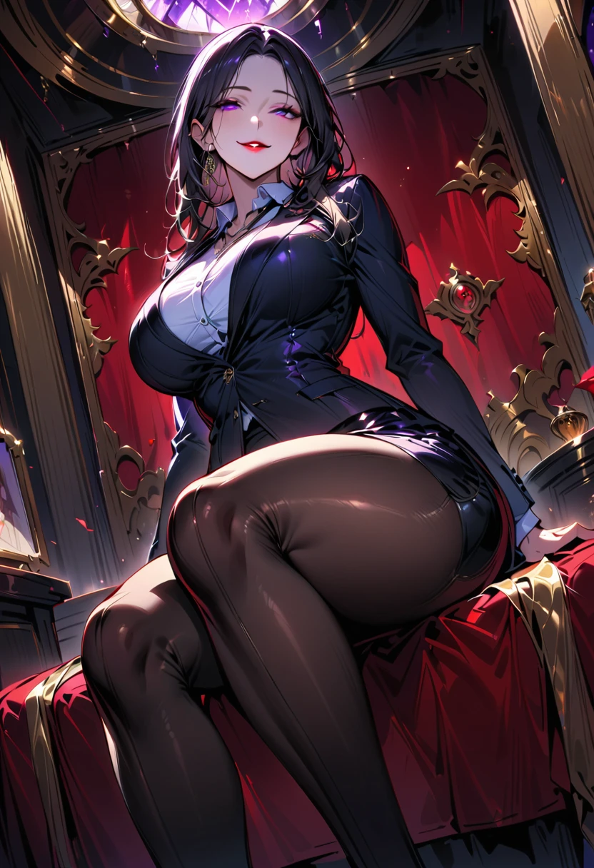 Mature beautiful woman,(Highest quality,Extremely detailed depiction,Incredibly absurd high resolution,Anatomically accurate depiction,Curvy Legs,Shiny skin,Porcelain-like skin),(Female Leader of an Evil Organization:1.5),(Black latex military costume,A shiny black bondage dress with intricate construction,military hat,military cloak,Fancy dress mask,Leather thigh-high boots,Long gloves,Leather Choker,black tights),eyelash,eye shadow,(Pink Eyes,Crazy Eyes,Eyes half closed:1.5,Large Breasts,A seductive smile,Red lips,Shadowed face,Sitting cross-legged,Put your finger on your chin,Seductive gestures),Sweat:0.8,whole body,Pink light,(From below:1.3)