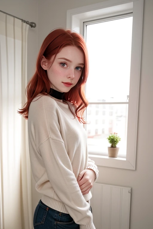 raw photo,(13yo skinny redhead girl:1.2), cheek dimples, blushing, graphic eyeliner, rouge, (lipstick:0.6), (choker:0.9), realistic skin texture, oversize knit sweater, (red:0.8), softcore, warm lighting, cosy atmosphere, instagram style, nsfw , naive, shy, short, thin, fit, beautiful, cute, pale skin
