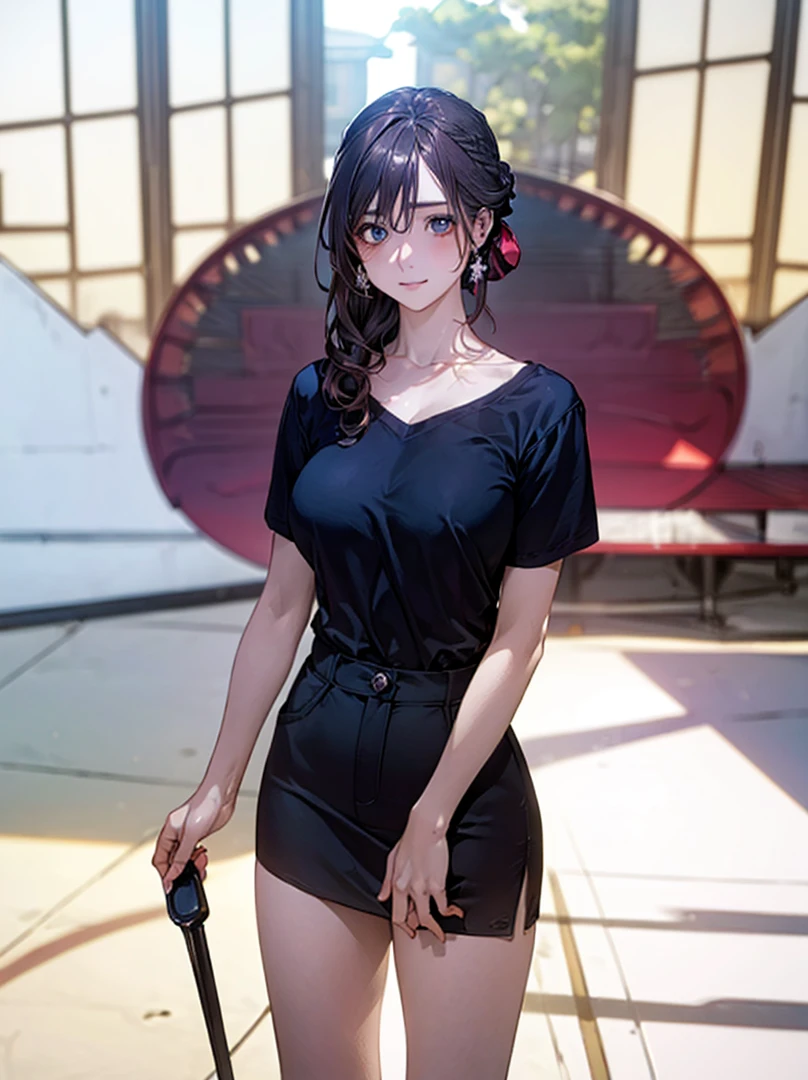 Anime, (masterpiece:1.2, top-quality), (realistic, photorealistic:1.4), beautiful illustration, (natural side lighting, movie lighting), korean girl, sport bra, black short skirt, looking at viewer, cowboy shot, front view:0.6, 1 girl, perfect face, cute and symmetrical face, shiny skin, (long hair:1.4, half updo:1.5), hair between eye, long eye lasher, (large breasts:4.6, seductive thighs) white skin, beautiful hair, beautiful face, beautiful detailed eyes, beautiful clavicle, beautiful body, beautiful chest, beautiful thigh, beautiful legs, beautiful fingers, big breasts, enhance breasts, busty, cleavage, press breasts together, hold breasts