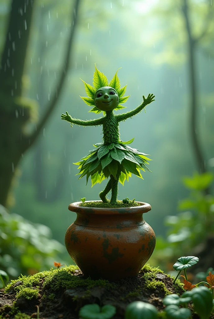 A whimsical miniature figure, crafted from a vibrant medley of green leaves, assumes a lively dancing pose atop a worn, earthy pot, surrounded by a lush forest scene awash in the soft, misty glow of rain-kissed greens and blues, evoking a sense of mythical wonder and serenity.
