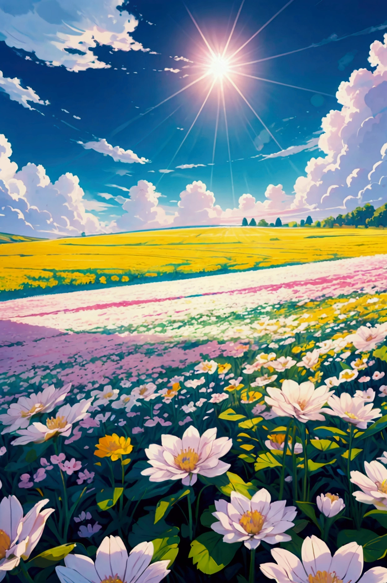 generate a 4k quality picture in style of illustration: ab blooming flower field,the sky is blue and clear have white clouds,sun there,
