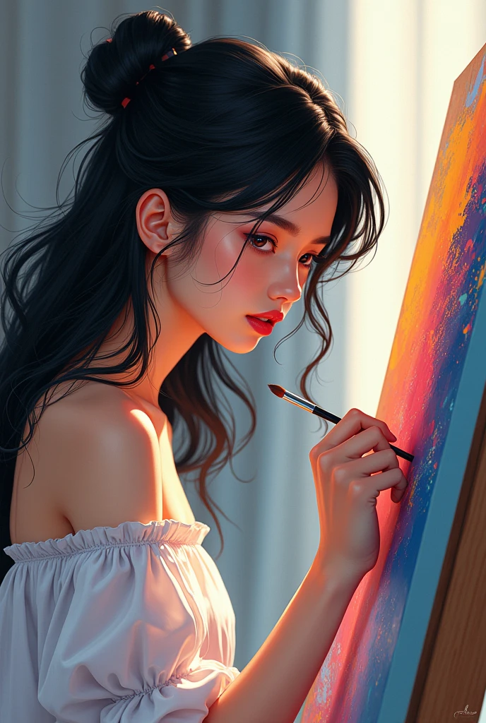 A paint brush and a painting board on a painters table, a drawing of the sunset is displayed on the painting board, with iridescent light, highly detailed images, vibrant beautiful colours, highly detailed facial features, highly detailed limb features, beautiful scenery, photorealistic image, 32k, ultra HD, unreal engine rendered, cinematic lighting, artgerm style,