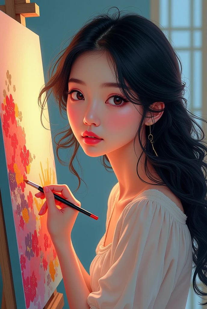 1 girl, painting, Handsome and beautiful, Single, lip, Random color,Black hair, manhwa
