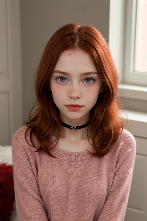 raw photo,(13yo skinny redhead girl:1.2), cheek dimples, blushing, graphic eyeliner, rouge, (lipstick:0.6), (choker:0.9), realistic skin texture, oversize knit sweater, (red:0.8), softcore, warm lighting, cosy atmosphere, instagram style, nsfw , naive, shy, short, thin, fit, beautiful, cute, pale skin
