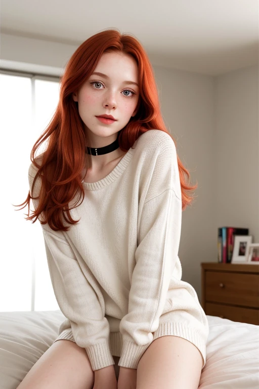 raw photo,(13yo skinny redhead girl:1.2), cheek dimples, blushing, graphic eyeliner, rouge, (lipstick:0.6), (choker:0.9), realistic skin texture, oversize knit sweater, (red:0.8), softcore, warm lighting, cosy atmosphere, instagram style, nsfw , naive, shy, short, thin, fit, beautiful, cute, pale skin
