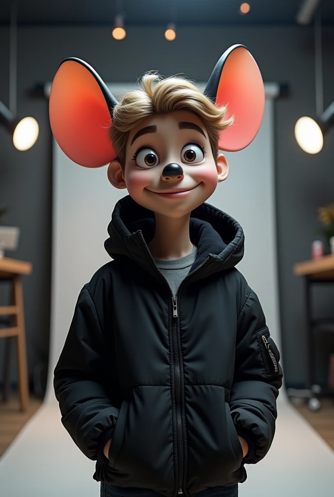 A boy with black jacket with mouse like face with studio type background for YouTube channel