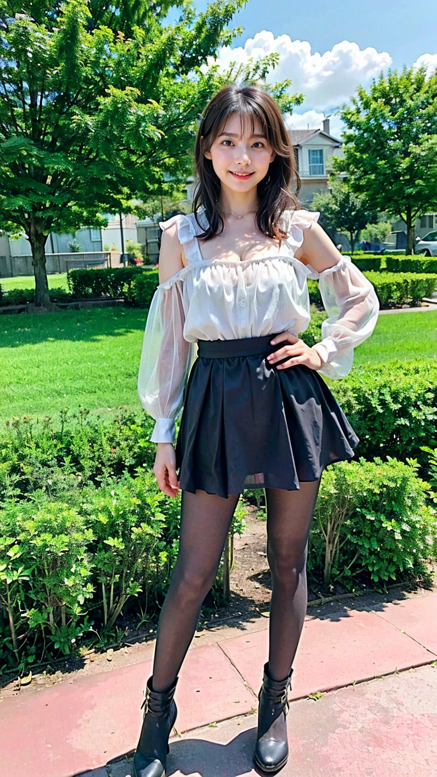 (8k、RAW Photos、Highest quality、masterpiece:1.2)、(Realistic、Realistic)、1 person、((black、Cleavage、See-through、garden、Frills、tights、mini skirt、Thin legs、whole body、boots、View from the front、Looking into the camera、Stand with hands on hips))、cute