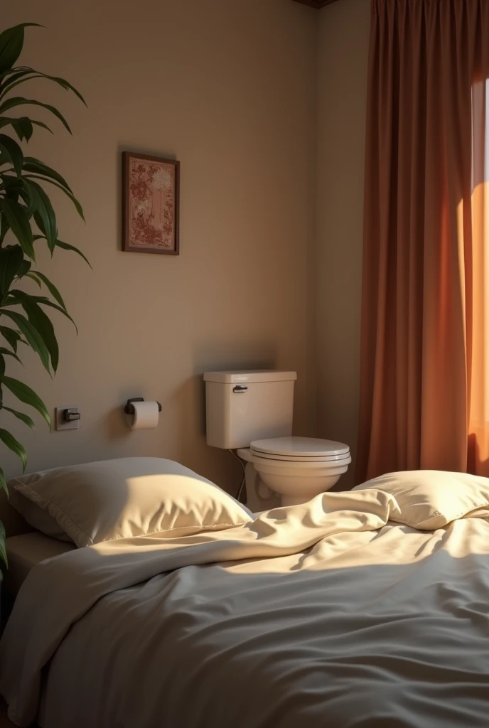 A bed with the headboard facing the toilet wall