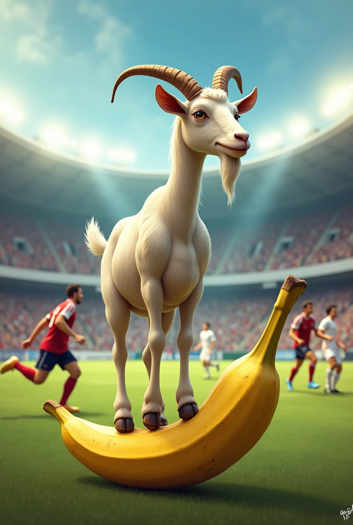 Believe me, a goat standing on a banana during a football match