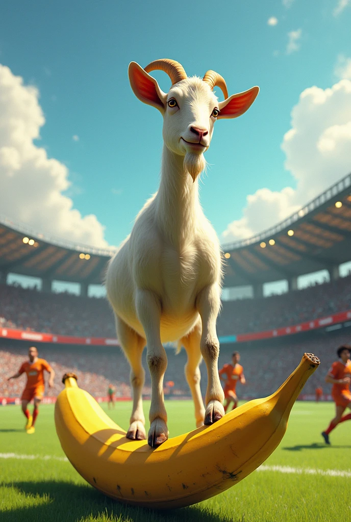 Believe me, a goat standing on a banana during a football match