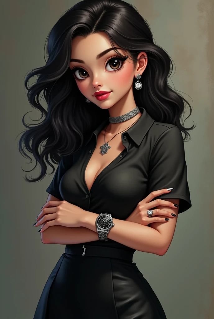 Beautiful, 5'5 height 2s girl with sharp black eyes, semi curly hairs, black specs , curvy body, pink lips, mole on right cheek, sharp features, oval shaped face, big and big ass , wears skirt and shirt formal wear, silver ring earrings, ring in left middle and bracelet with watch in left hand. Fair wheatish skin tone