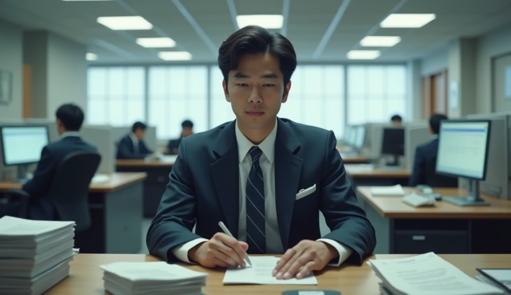 A Japanese salaryman working in an office. The scene is realistic, capturing the everyday work environment. The salaryman, dressed in a suit, is seated at a desk, working on a computer. The background includes desks with documents and files, reflecting the sterile, typical atmosphere of an office