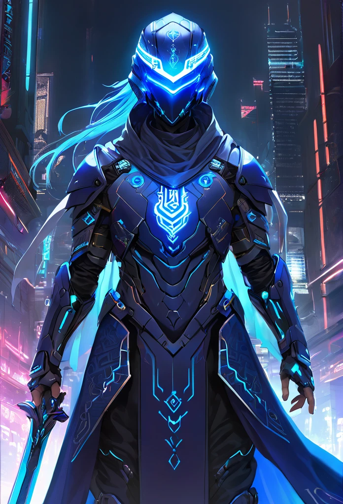 **Title**: "Cyberpunk Enchanted Islamic Warrior"

**Description**:
The wallpaper showcases a full-body depiction of a futuristic Islamic warrior, blending traditional elements with advanced cyberpunk technology. The warrior stands tall, exuding power and righteousness, with long blue hair tied into a sleek ponytail, and intense purple eyes that glow with an otherworldly energy.

His armor is a high-tech, cyberpunk version of traditional Islamic armor. It is composed of sleek, metallic plates that cover his entire body, reminiscent of Iron Man's suit but with an Islamic cultural twist. The armor features intricate geometric patterns and calligraphy etched into the metal, glowing softly in a neon blue that contrasts with the dark, matte black of the suit. The plates are interconnected with glowing circuits, giving the armor a cutting-edge, futuristic appearance.

The warrior’s helmet, shaped in a way that respects Islamic cultural attire, has a visor that can retract, revealing his face, which is set in a calm, confident expression. The visor glows with the same neon blue light as his armor, and when activated, it displays intricate holographic readouts and symbols, reminiscent of advanced HUDs in cyberpunk settings.

His right arm is equipped with a long, cybernetic sword that seems to be a fusion of metal and light, glowing with a frosty, icy blue aura. The blade is etched with Quranic verses in flowing Arabic script, which pulse with energy. His left arm is a powerful gauntlet, capable of projecting energy shields or firing plasma bolts, with circuits running through it that glow with the same neon blue.

The warrior’s cloak is made of a high-tech, adaptive fabric that can blend into its surroundings, offering both camouflage and protection. The edges of the cloak are adorned with glowing Islamic motifs, and it flows gracefully as he moves, adding an air of mysticism to his otherwise futuristic appearance.

The background is a cyberpunk cityscape at night, with tow