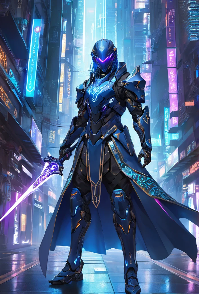 **Title**: "Cyberpunk Enchanted Islamic Warrior"
**Description**:
The wallpaper showcases a full-body depiction of a futuristic Islamic warrior, blending traditional elements with advanced cyberpunk technology. The warrior stands tall, exuding power and righteousness, with long blue hair tied into a sleek ponytail, and intense purple eyes that glow with an otherworldly energy.
His armor is a high-tech, cyberpunk version of traditional Islamic armor. It is composed of sleek, metallic plates that cover his entire body, reminiscent of Iron Man's suit but with an Islamic cultural twist. The armor features intricate geometric patterns and calligraphy etched into the metal, glowing softly in a neon blue that contrasts with the dark, matte black of the suit. The plates are interconnected with glowing circuits, giving the armor a cutting-edge, futuristic appearance.
The warrior’s helmet, shaped in a way that respects Islamic cultural attire, has a visor that can retract, revealing his face, which is set in a calm, confident expression. The visor glows with the same neon blue light as his armor, and when activated, it displays intricate holographic readouts and symbols, reminiscent of advanced HUDs in cyberpunk settings.
His right arm is equipped with a long, cybernetic sword that seems to be a fusion of metal and light, glowing with a frosty, icy blue aura. The blade is etched with Quranic verses in flowing Arabic script, which pulse with energy. His left arm is a powerful gauntlet, capable of projecting energy shields or firing plasma bolts, with circuits running through it that glow with the same neon blue.
The warrior’s cloak is made of a high-tech, adaptive fabric that can blend into its surroundings, offering both camouflage and protection. The edges of the cloak are adorned with glowing Islamic motifs, and it flows gracefully as he moves, adding an air of mysticism to his otherwise futuristic appearance.
The background is a cyberpunk cityscape at night, with tow