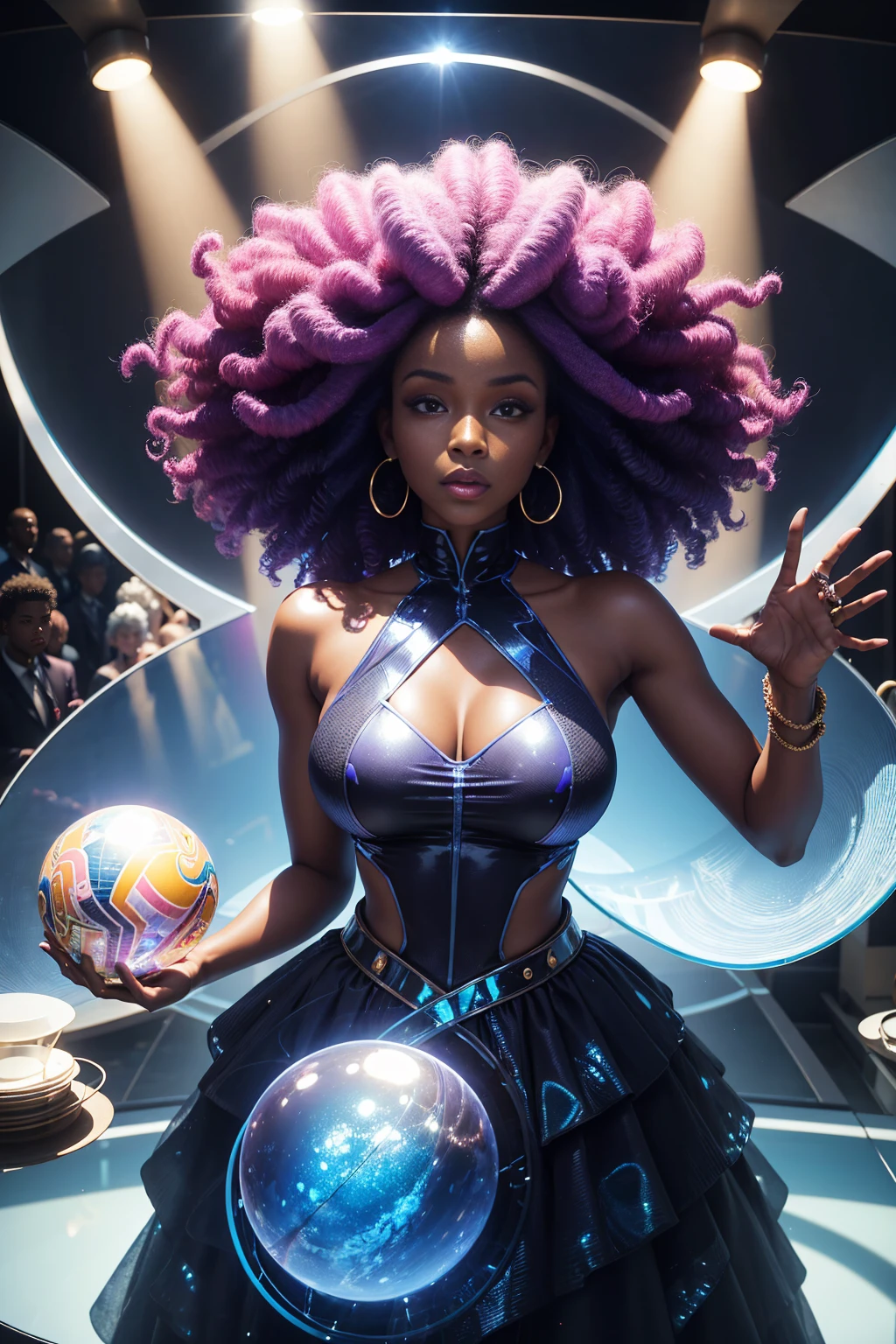 Fish eye view of aerial angle shot of a Beautiful black woman with coloured curly hair and dressed in African designed high fashion clothes, standing in a high fashion model pose in a transparent glass sphere, light bouncing in the glass sphere providing a blue and velvet cinematic look, with iridescent light, hyper-realistic image, 32k, ultra HD, cinematic lighting