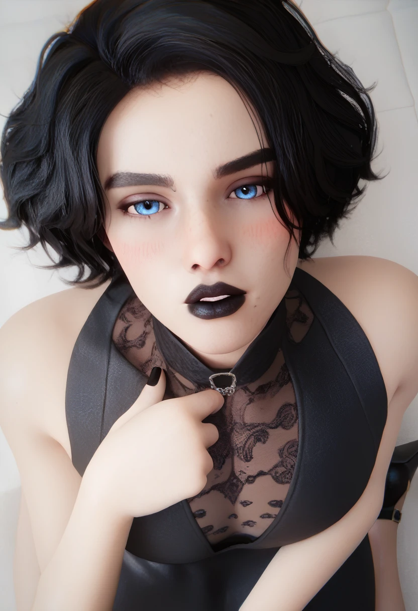 masterpiece , best quality , score_9, score_8_up, score_7_up , portrait, , 1male , blush , weak build body, famine body , femboy , attractive face, attractive body, pale skin, large hips, blue eyes, black hair, black dress , black fingernails, black lipstick, black shadow eyes, black dress , black heels , Soft skin, soft hair, soft lips , attractive eyes , sexy body , pov , looking at the viewer , 