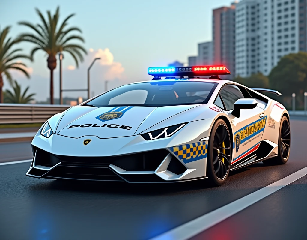Lamborghini white car, siren blue red. Chequered Flag blue yellow stripe on the lower door." Police Diraja Malaysia "stripe on the car.